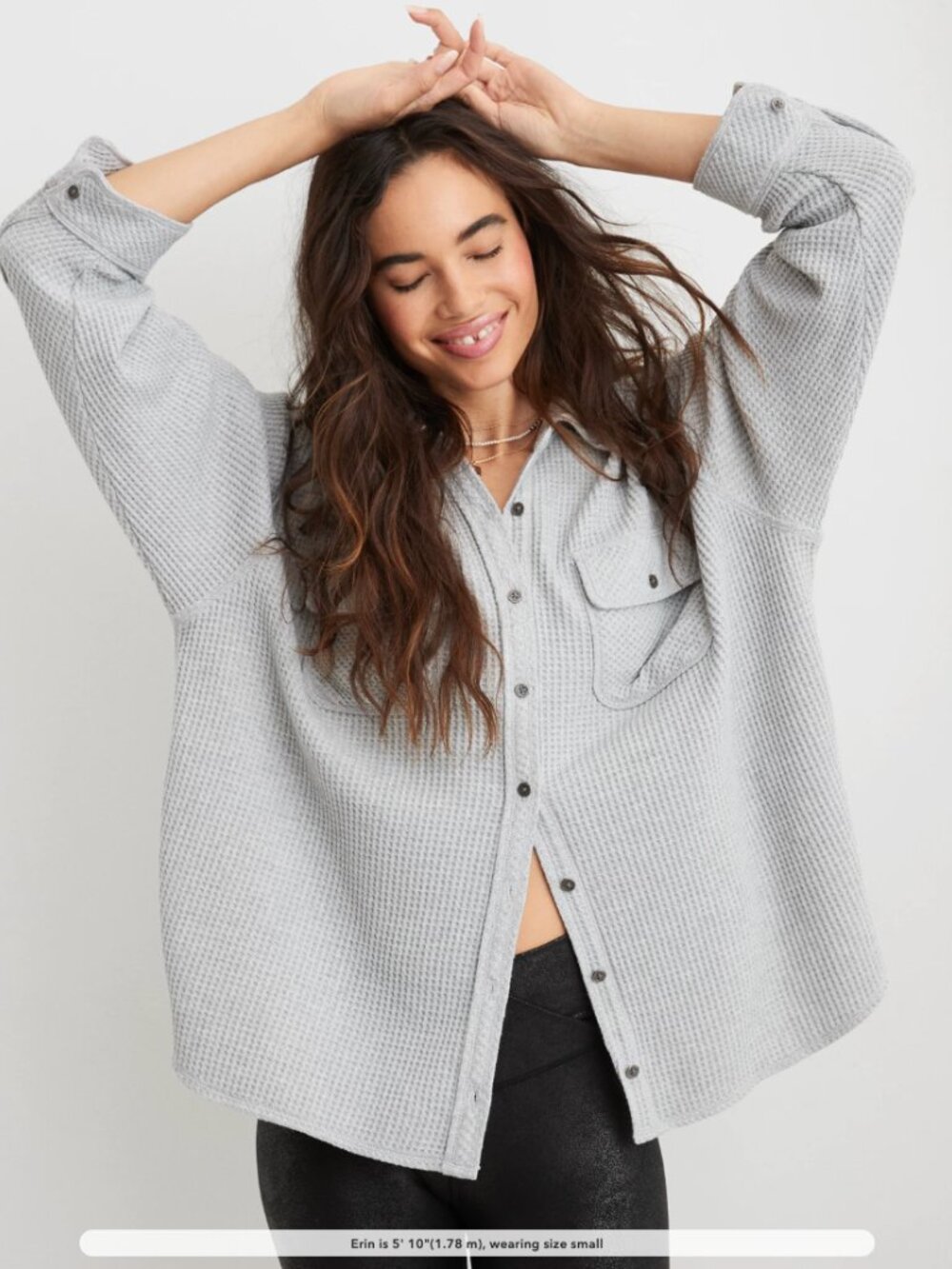Aerie LumberJane Waffle Shirt oversized Heather Gray Large button down collar